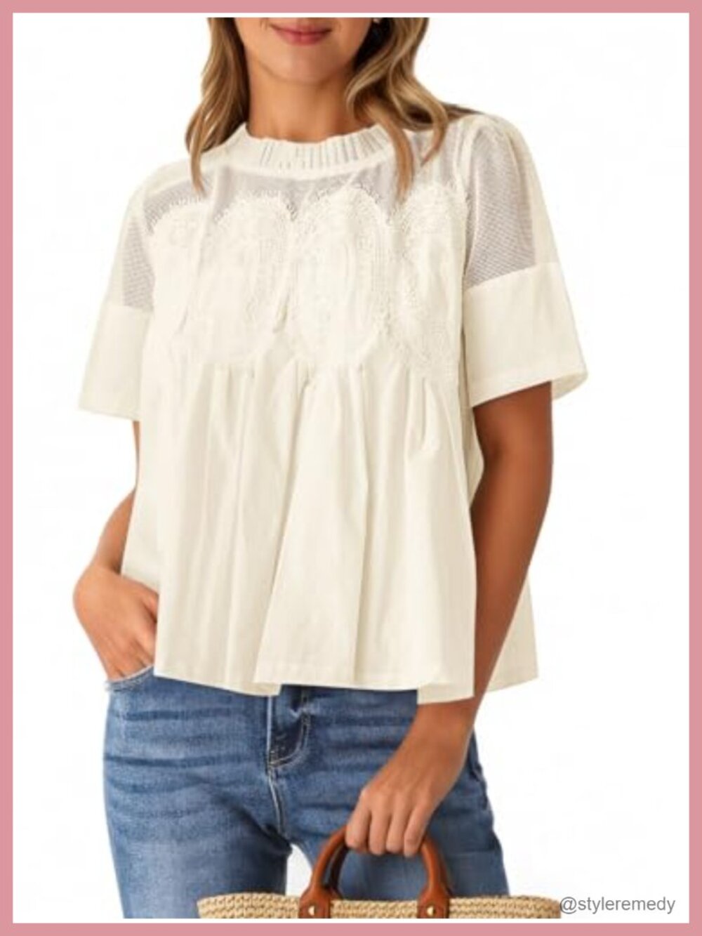 Womens Lace Peplum Blouse Ruffle Crewneck Short Sleeve Babydoll Top